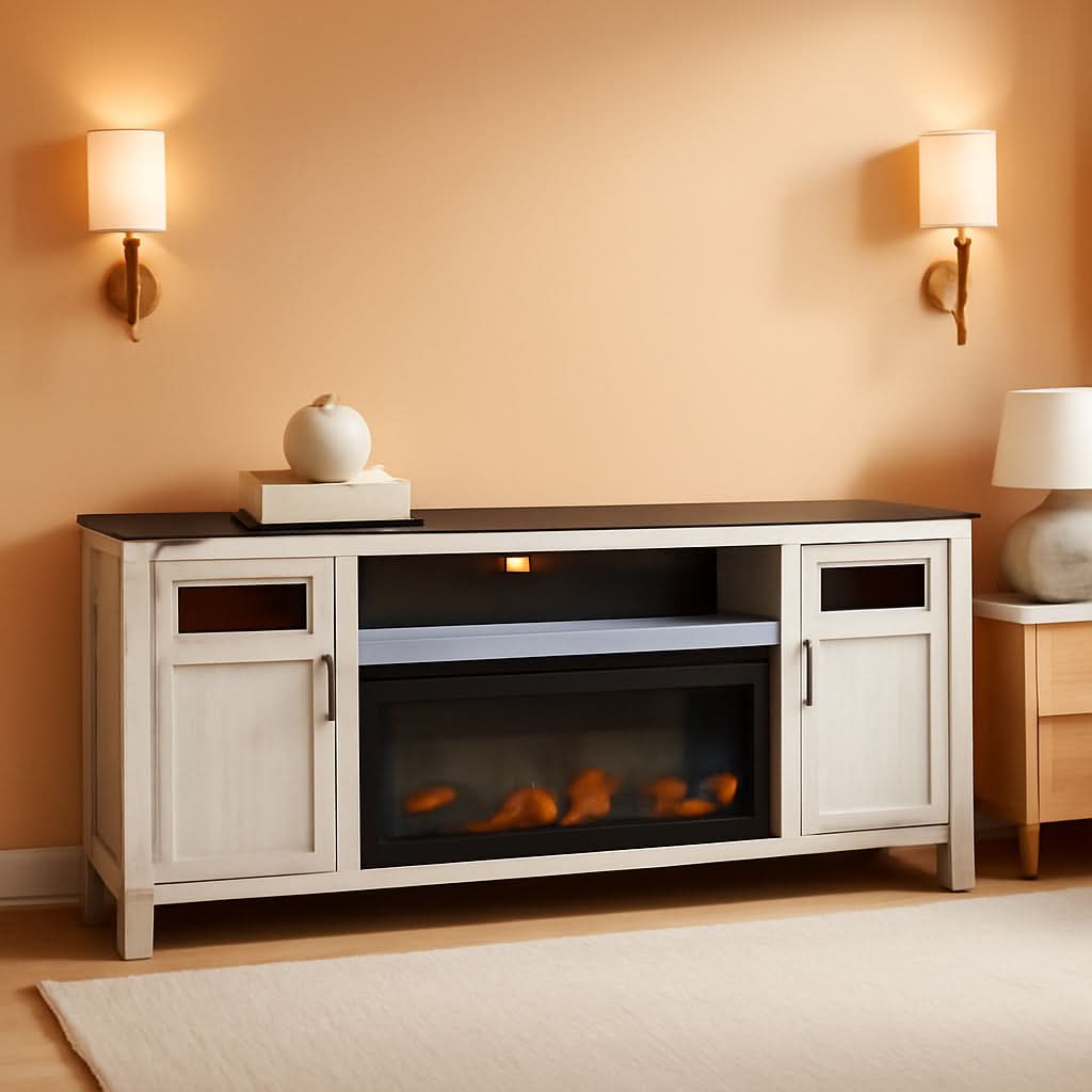 Darborn 88 Inch TV Stand Light Gray Dark Brown Electric Fire place-0