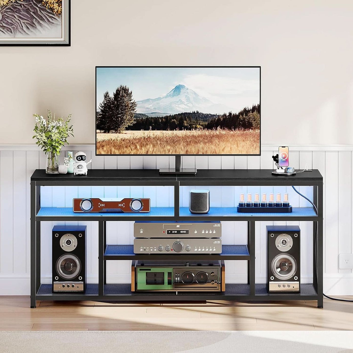 Matte Black LED Illuminated TV Stand Charging Station
