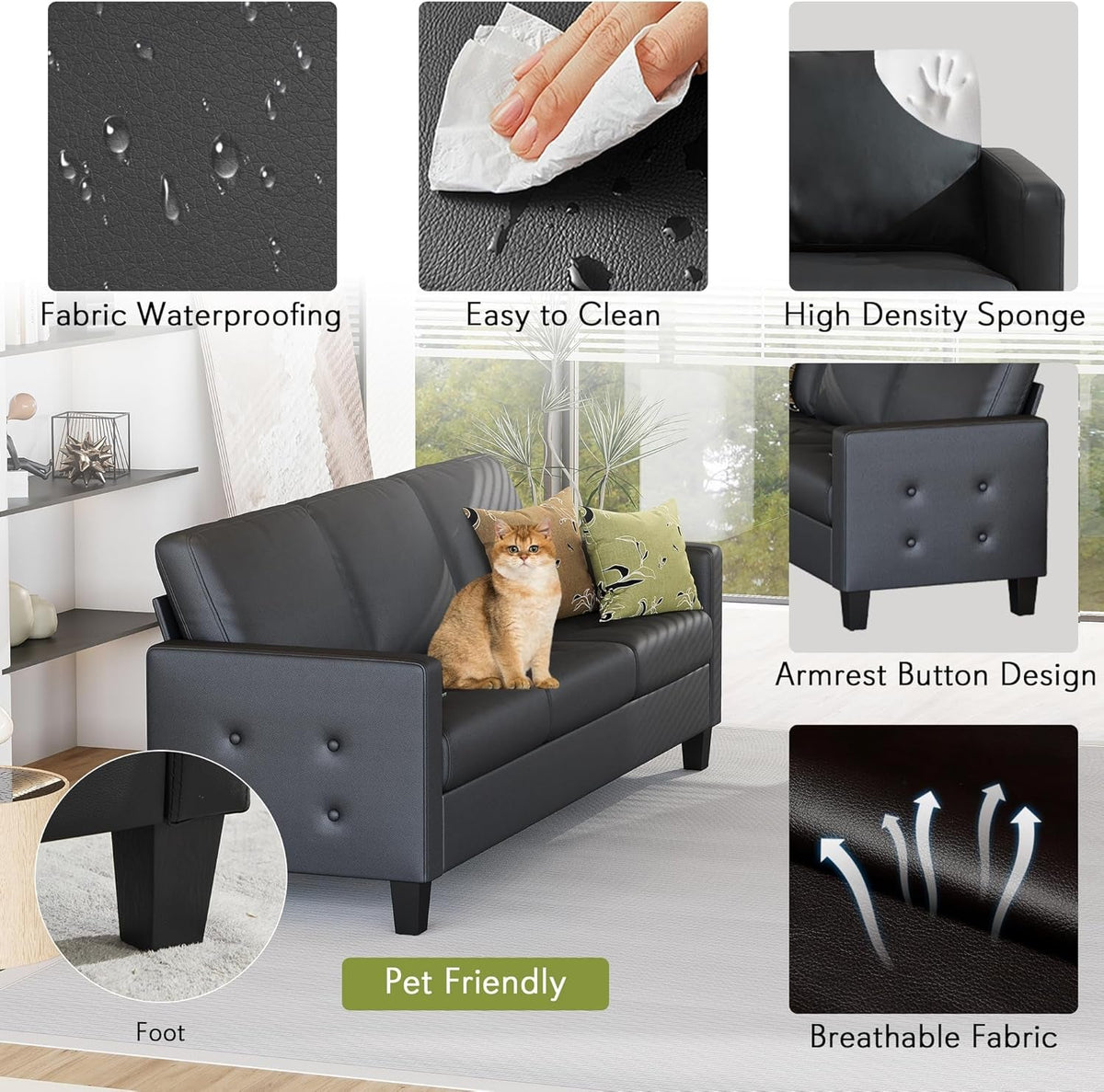 Black Seventy ThreeInch Three Seater Sofa For Living Room