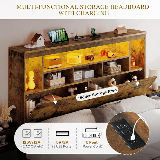 Queen Size Bed Frame With Bookcase Headboard RGBLED