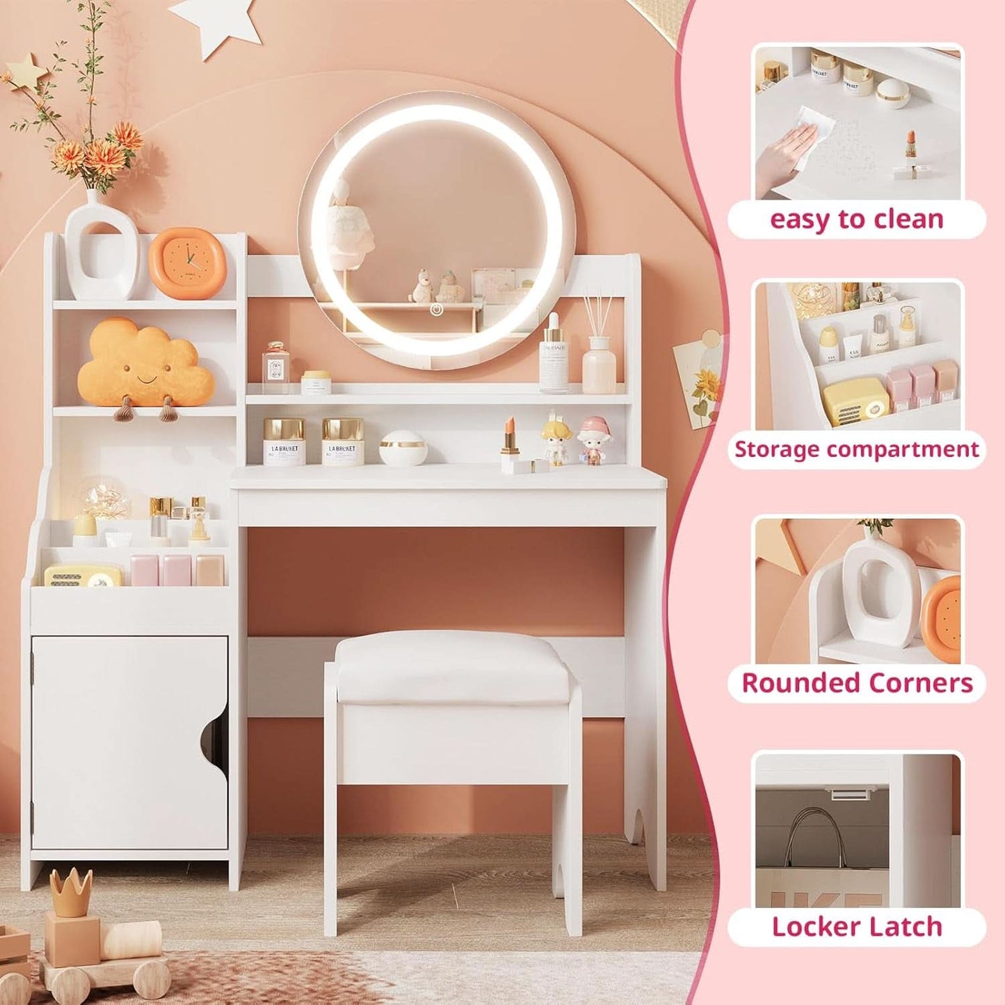 Kids Vanity Table Illuminated Ambient LED Lighting White