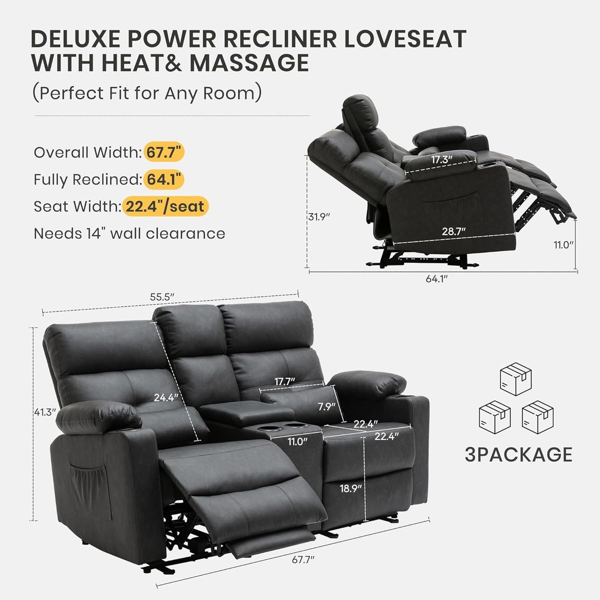 68 Inch UltraComfort Power Reclining Loveseat Heated
