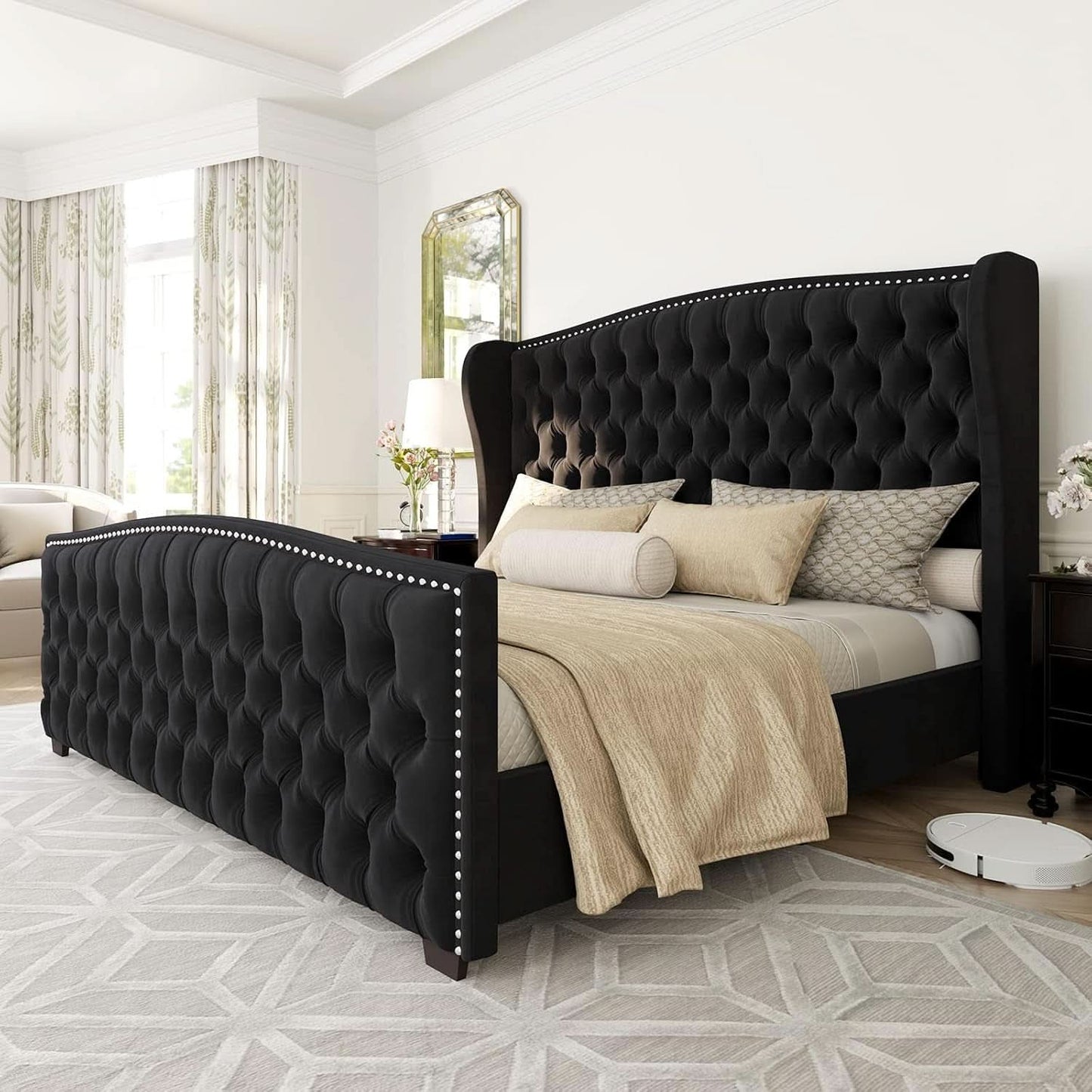 Queen Size Platform Bed Frame With Nailhead Trim Deluxe