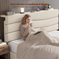 Beige Queen Size Upholstered Bed Frame Charging Ports