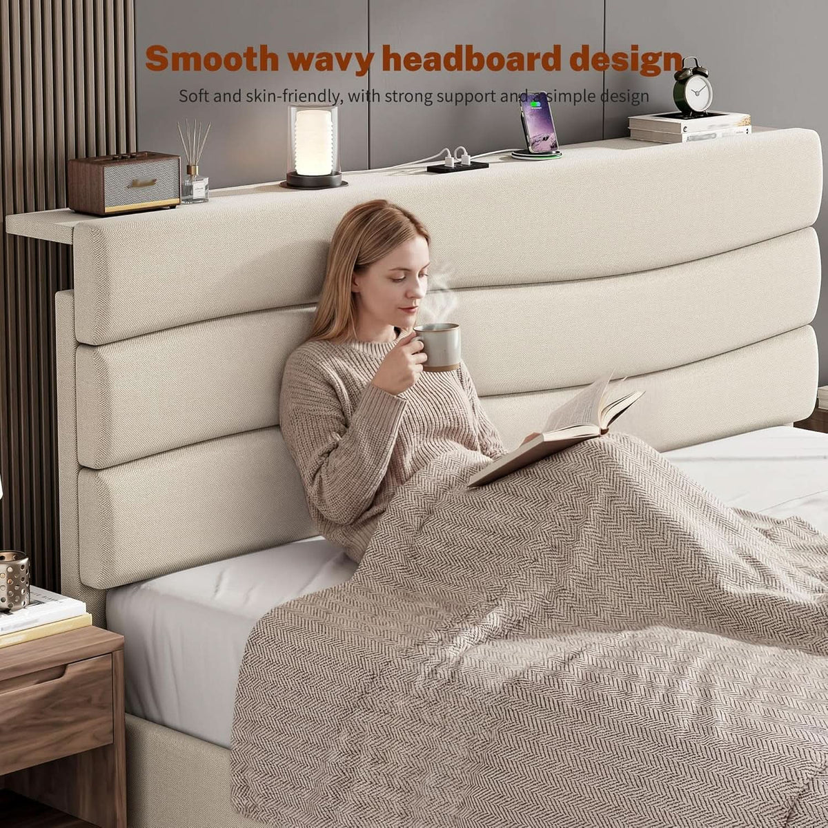 Beige Queen Size Upholstered Bed Frame Charging Ports