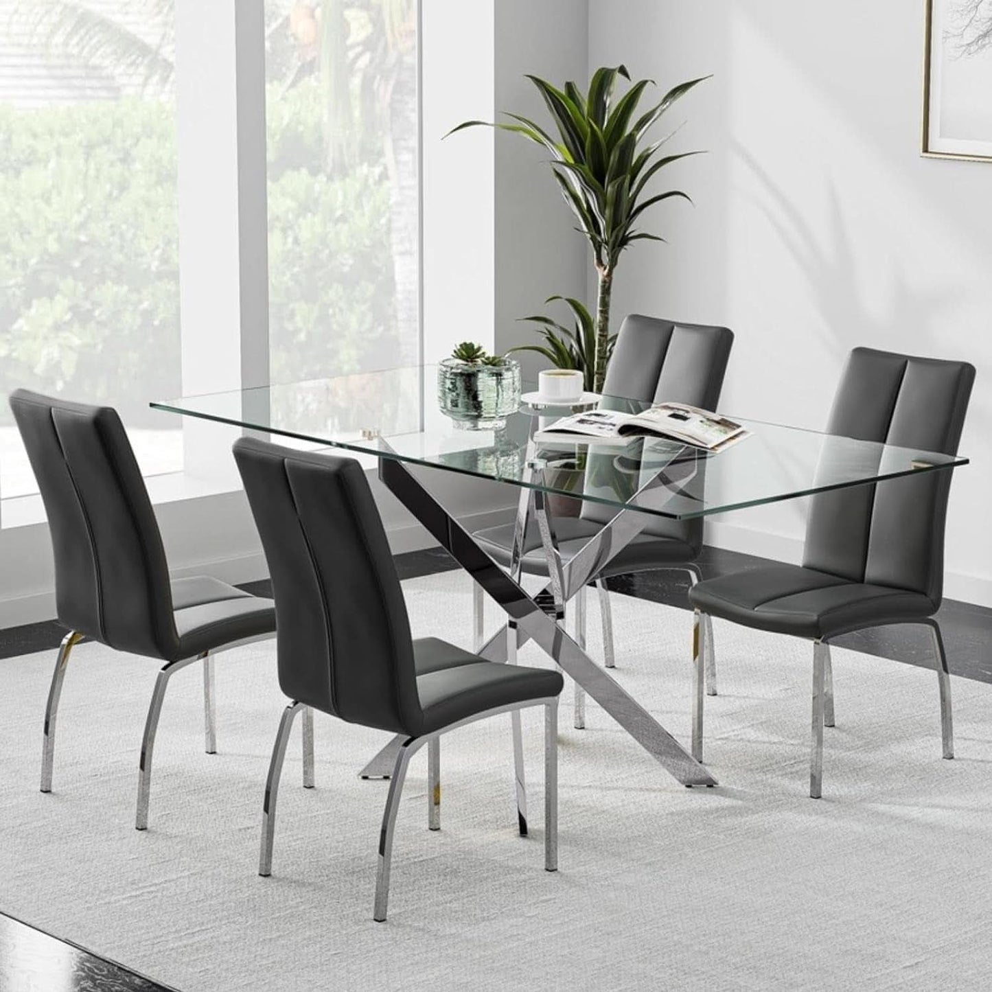 Tempered Glass Dining Table With Chromed Legs 47In White Silver