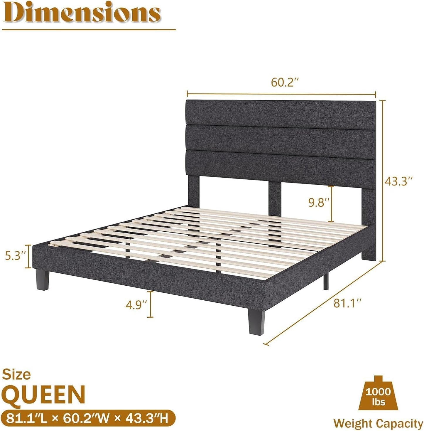 Queen Size Grey Linen Upholstered Platform Bed frame