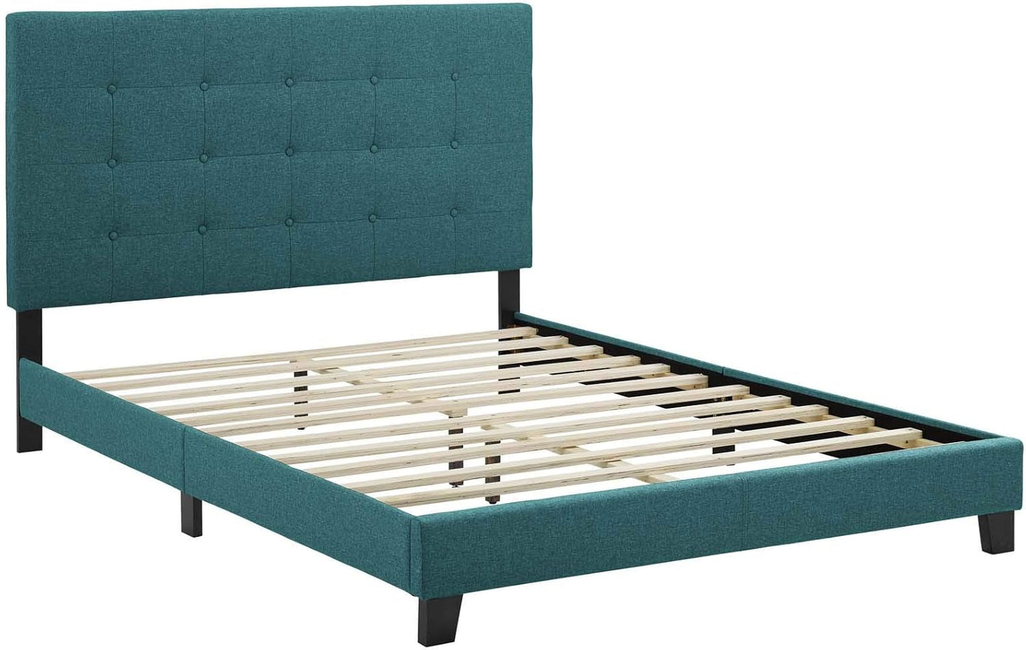 Queen Platform Tufted Upholstered Bed Teal Velvet Texture