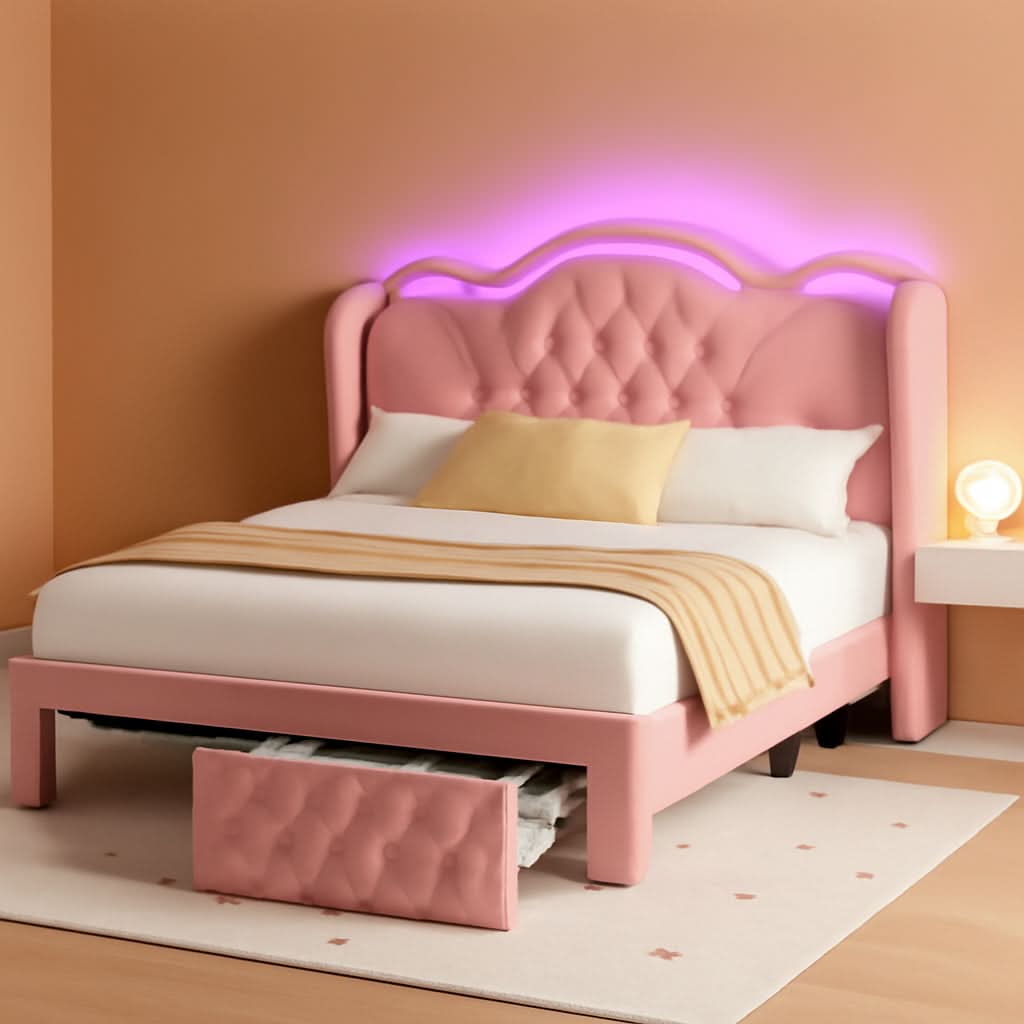 Pink Velvet Upholstered Platform Bed Frame With LEDs