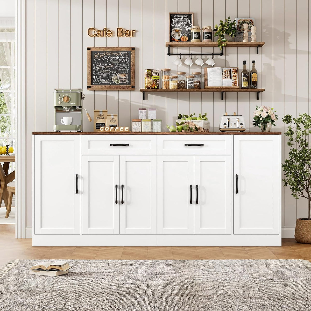 71-Inch White Side board Buffet Cabinet Soft-Close Doors