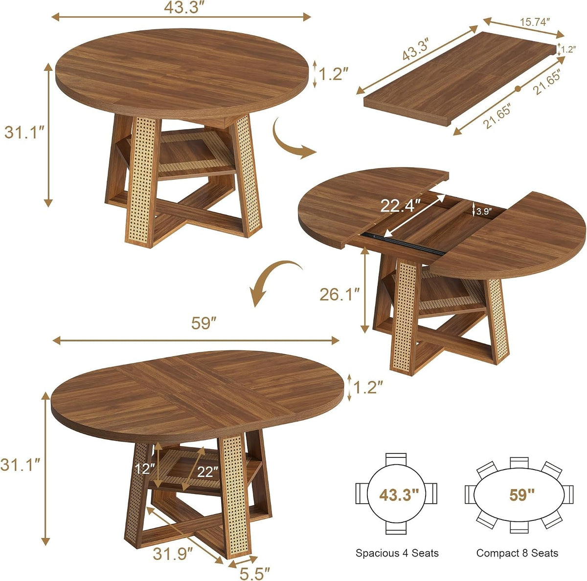 Walnut Extendable Round Dining Table Support Structure