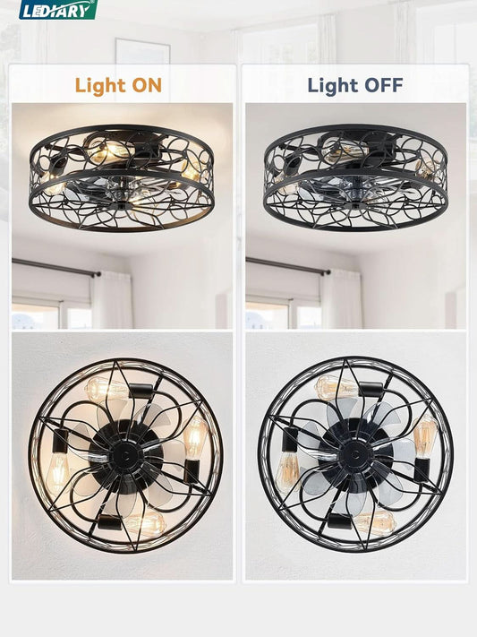 Black Caged Ceiling Fan With Lights Low Profile Flush Mount Remote