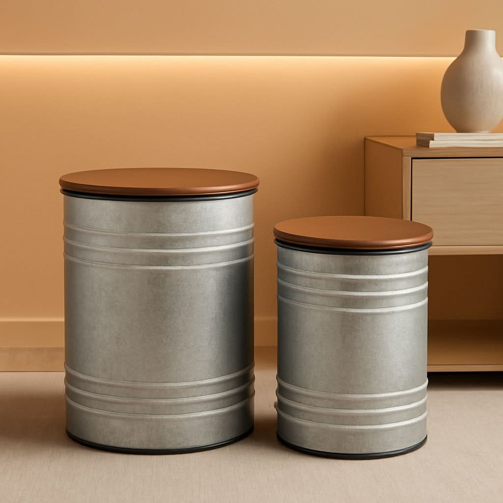 Grey Industrial Galvanized End Tables Set With Lids