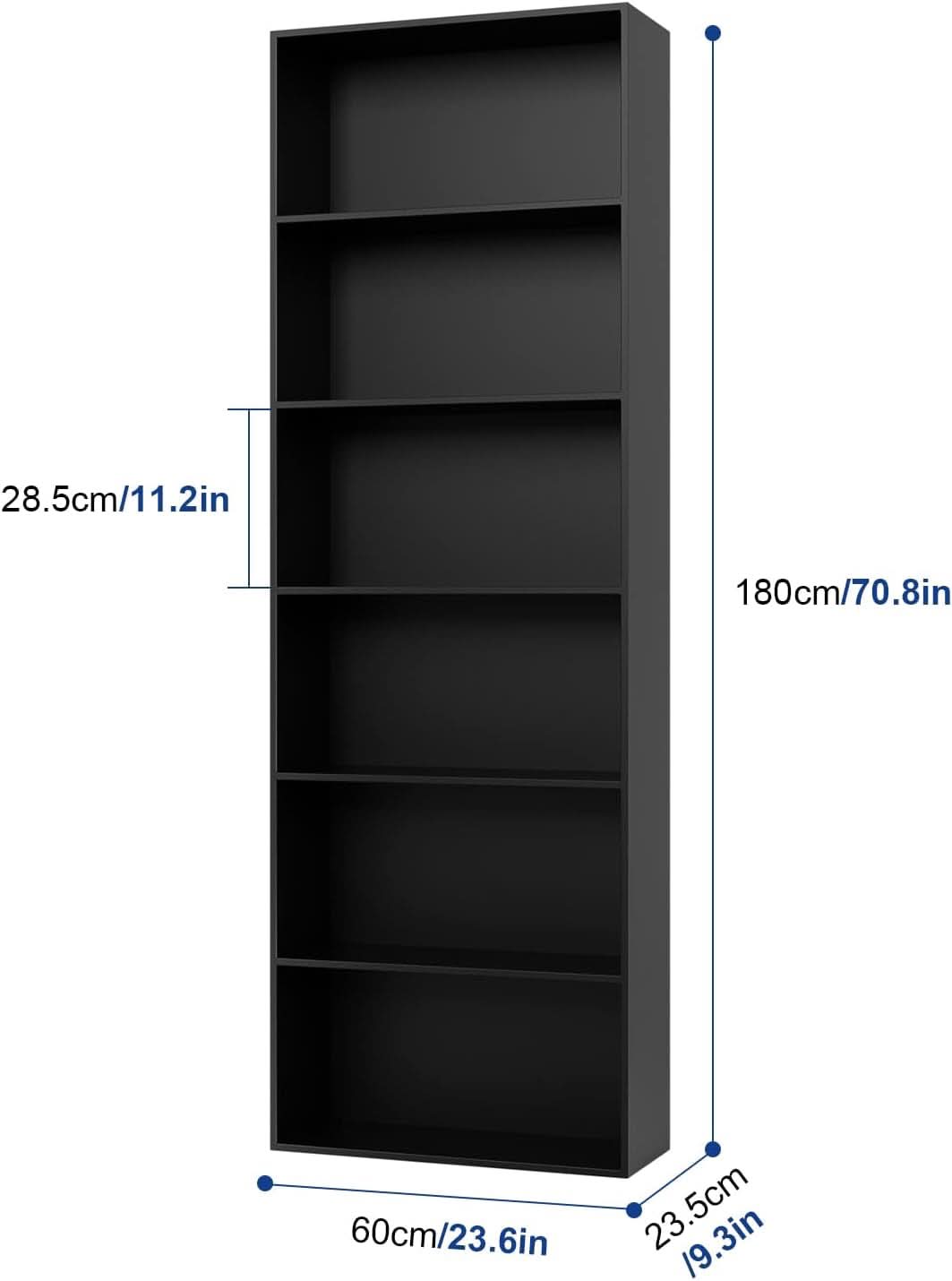 Six Tier Open Bookcase Tall Freestanding Shelving Black-2