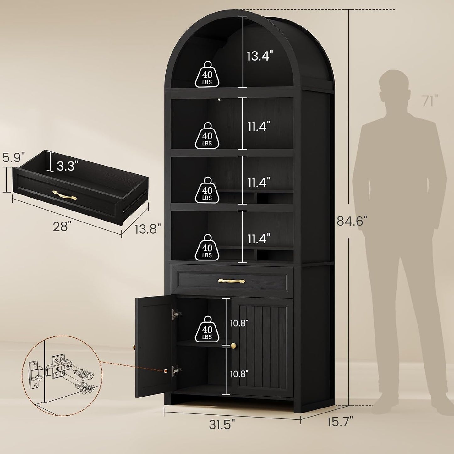 Modern Arched Black Bookcase With Adjustable Shelves