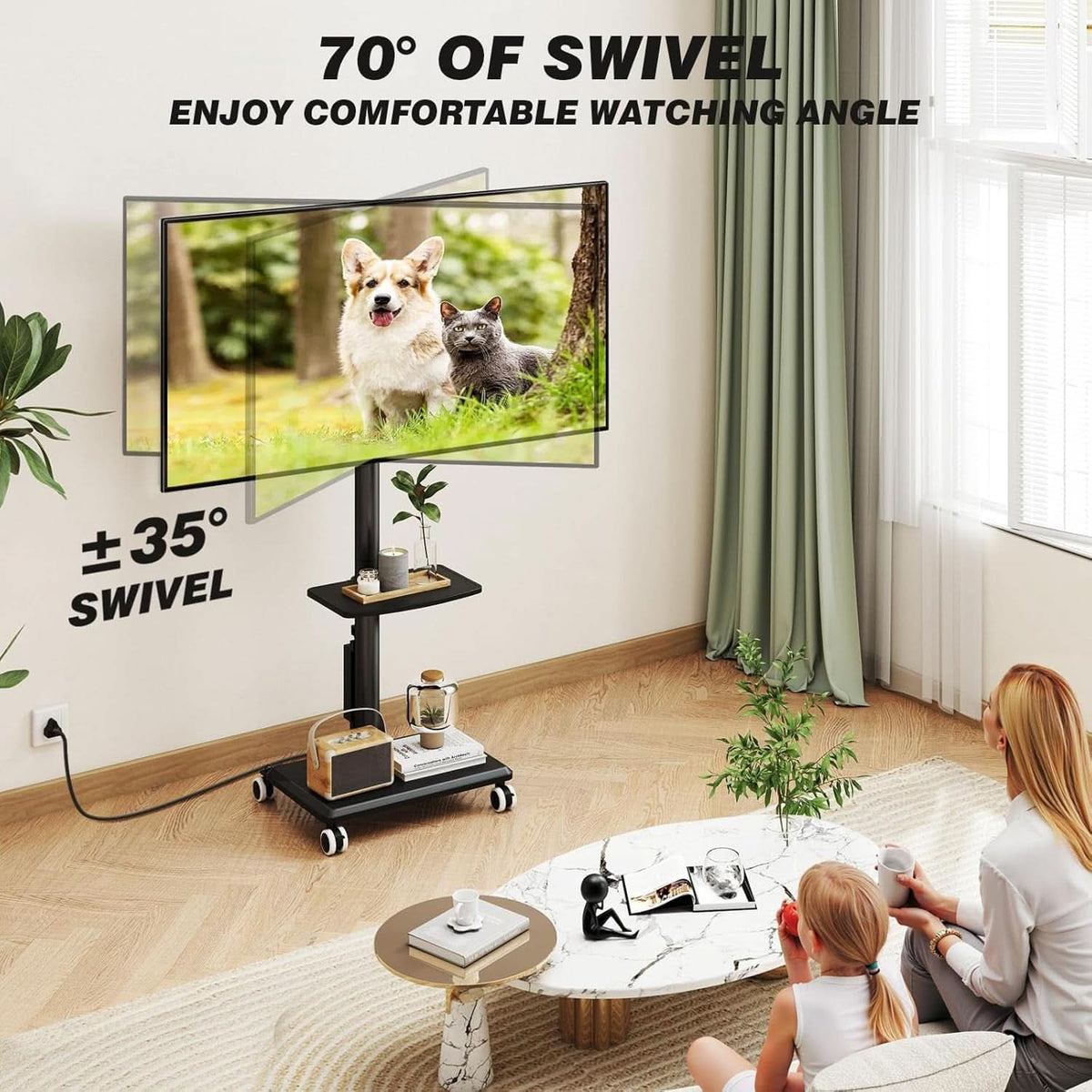 Black Rolling TV Stand With Integrated Storage Shelving