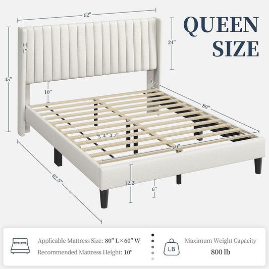 Queen Upholstered Platform Bed With Beige Headboard