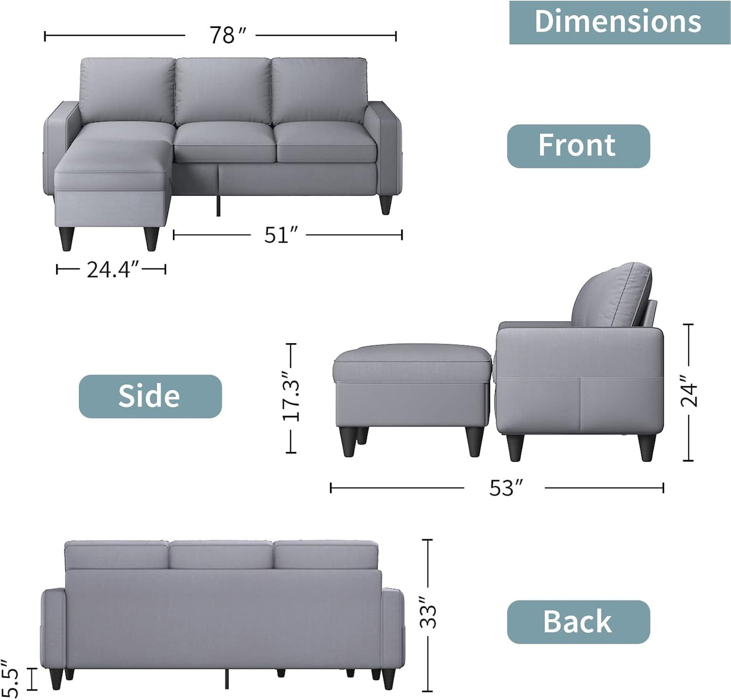 Contemporary Gray Sectional Sofa With Storage Ottoman