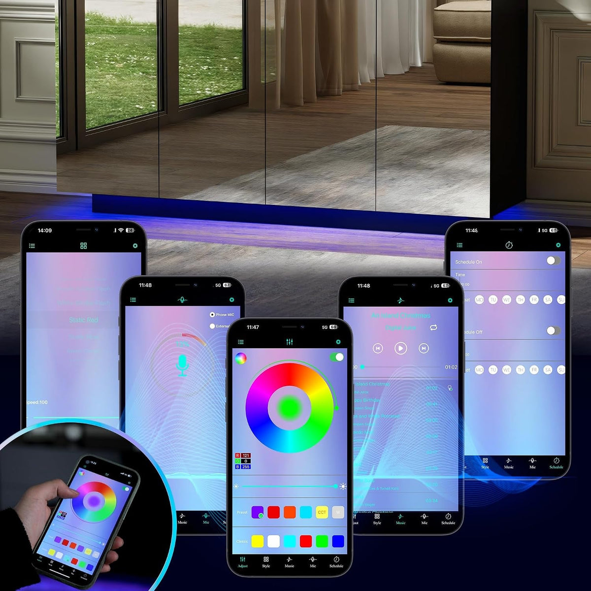 Black High Gloss Buffet Mirror Storage LED Charging