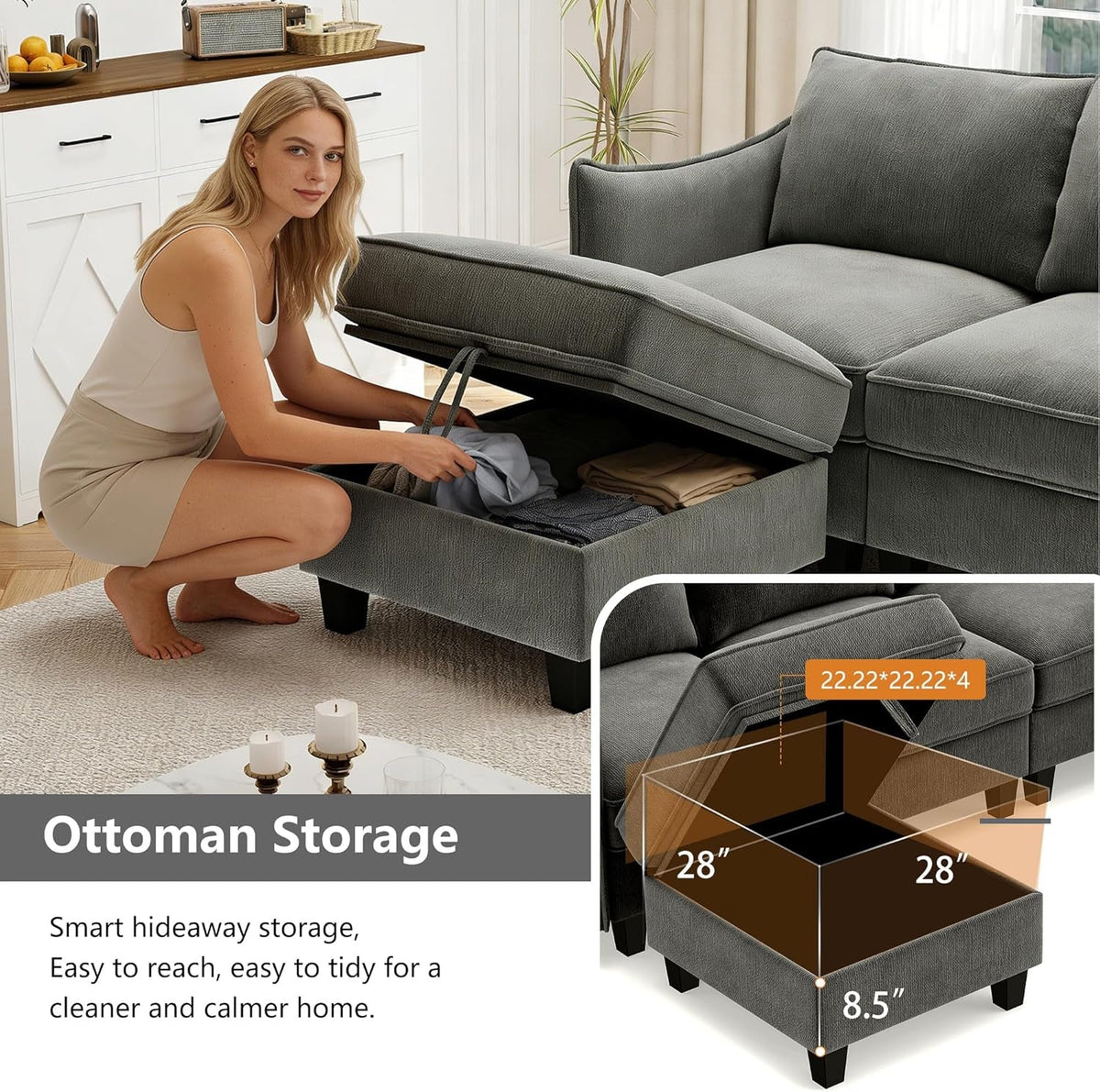 Charcoal Grey Luxurious Modular U Shaped Sectional