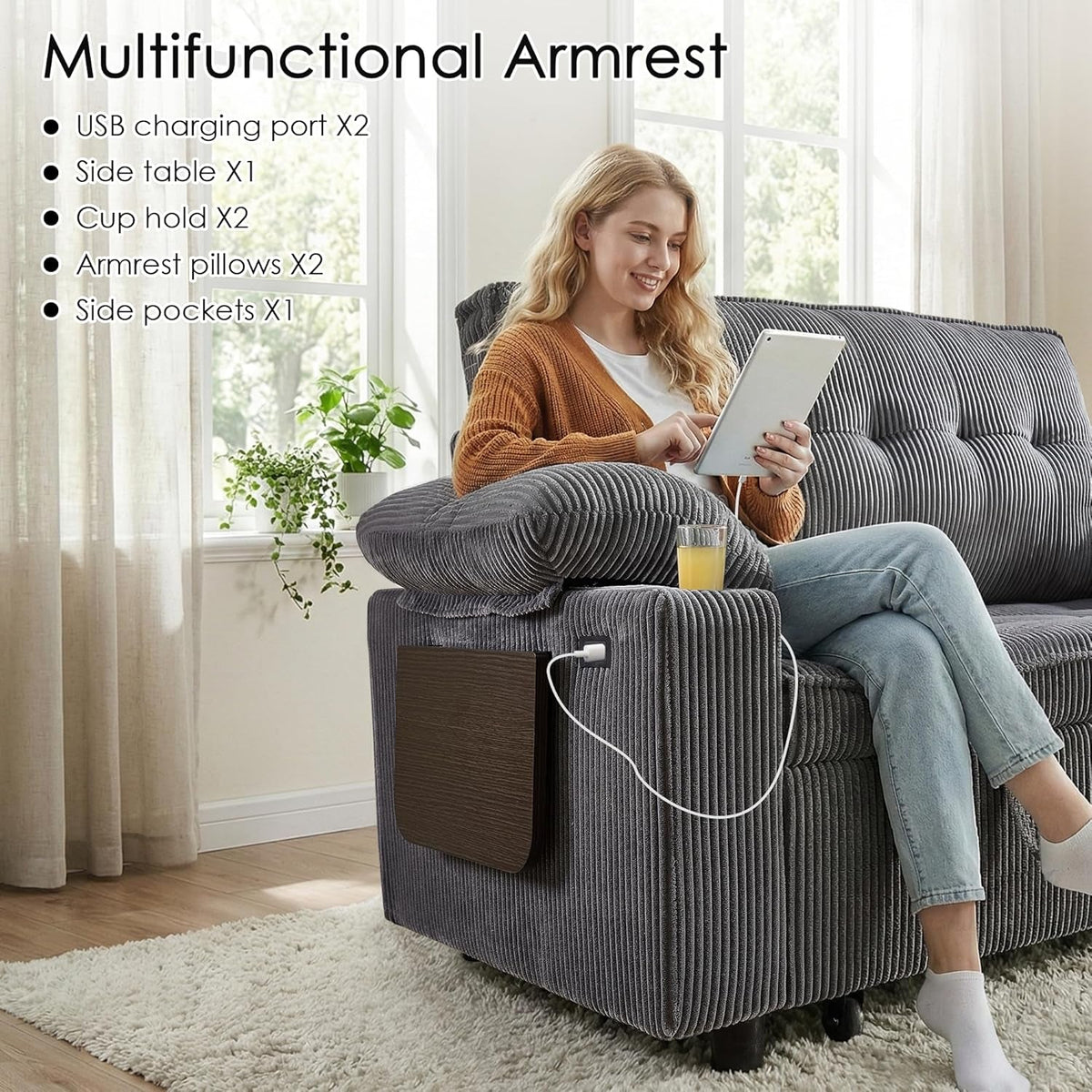 58 In Sleeper Sofa Bed DarkGrey Foldable Side Table Space Saving