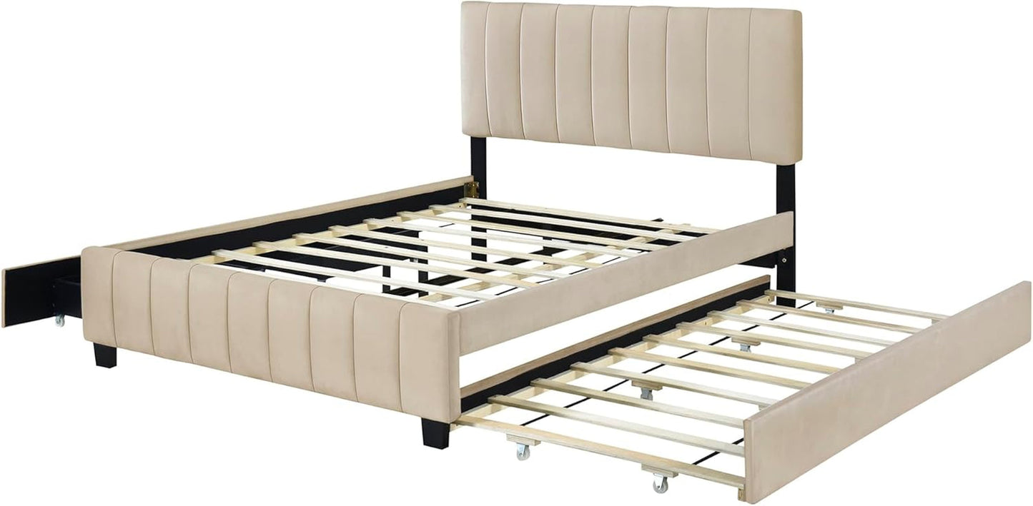 Queen Beige Velvet Upholstered Platform Bed Trundle