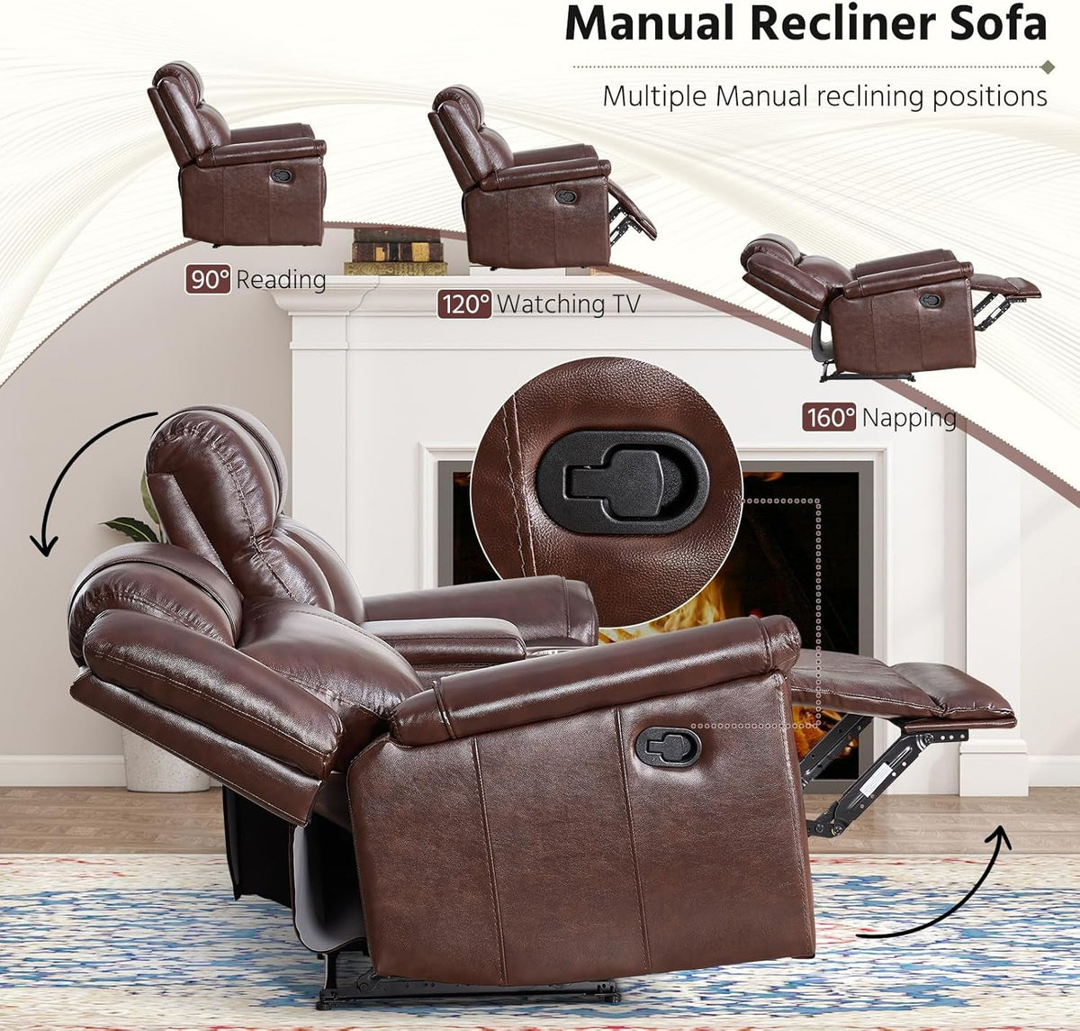 Genuine Leather Manual Overstuffed Loveseat Recliner Brown