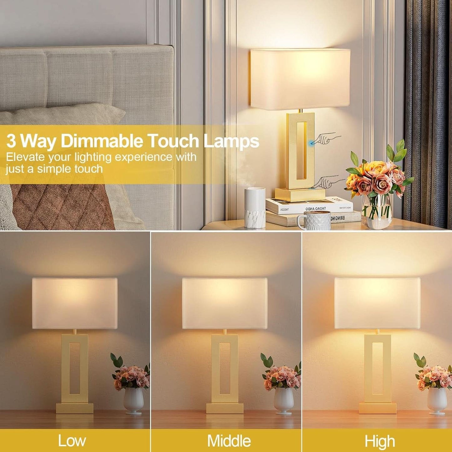 Lux urious Gold Table Lamps Fo rNight stand USBC Dimmable