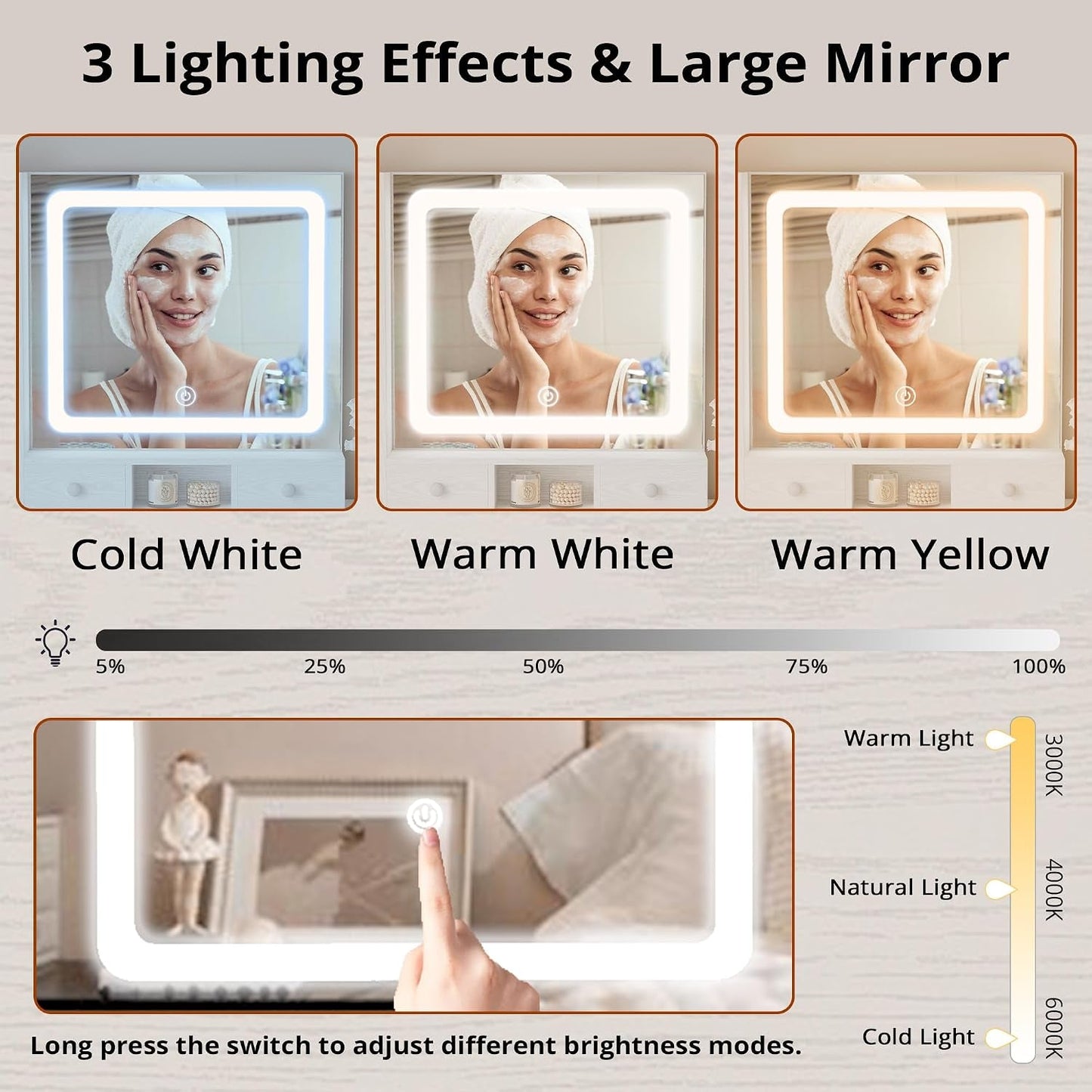 White Vanity Desk Illuminated Mirror Storage Cabinet-2