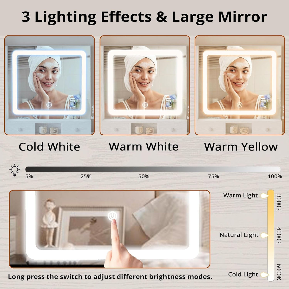 White Vanity Desk Illuminated Mirror Storage Cabinet-2