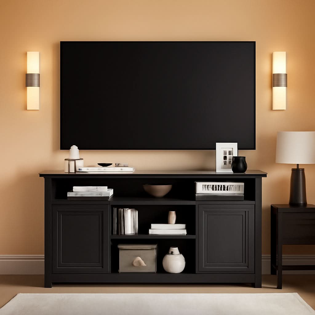 Farmhouse TV Stand Entertainment Center Sliding Doors Black