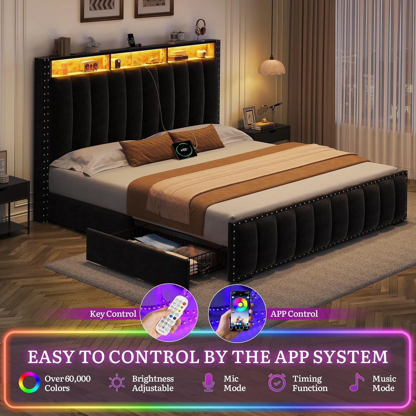 Queen Velvet Upholstered Platform Bed With Drawers