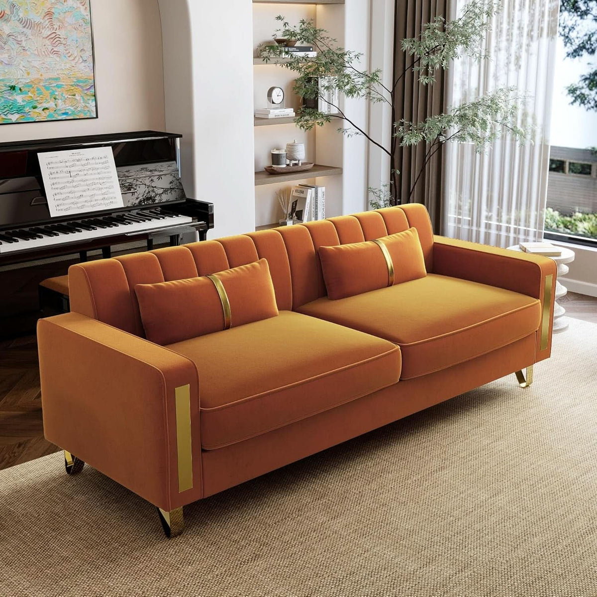 2 Piece Orange Velvet Loveseat Couch Set With Gold Metal Legs 86 Inch Living Room Sofa With 4 Pillows-2