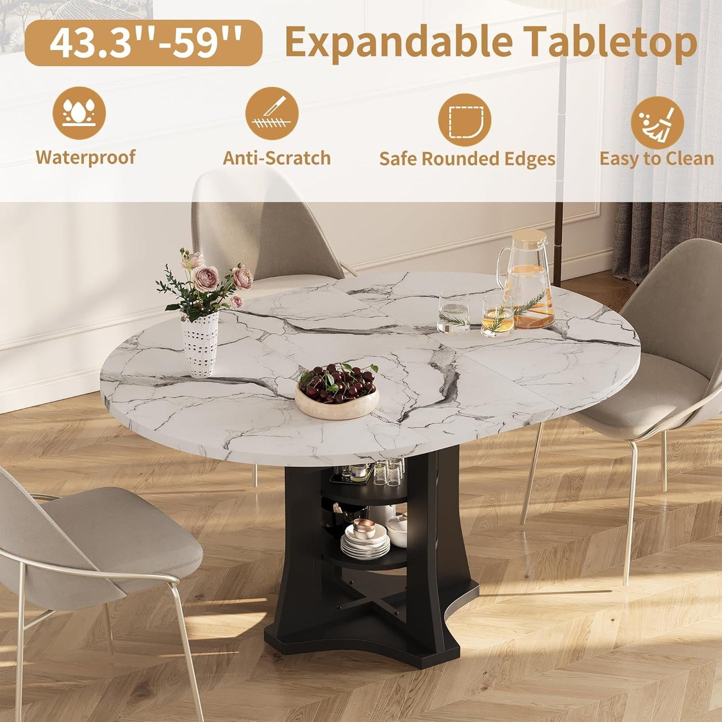 Extendable Dining Table 43 To 59 White Faux Marble Oval