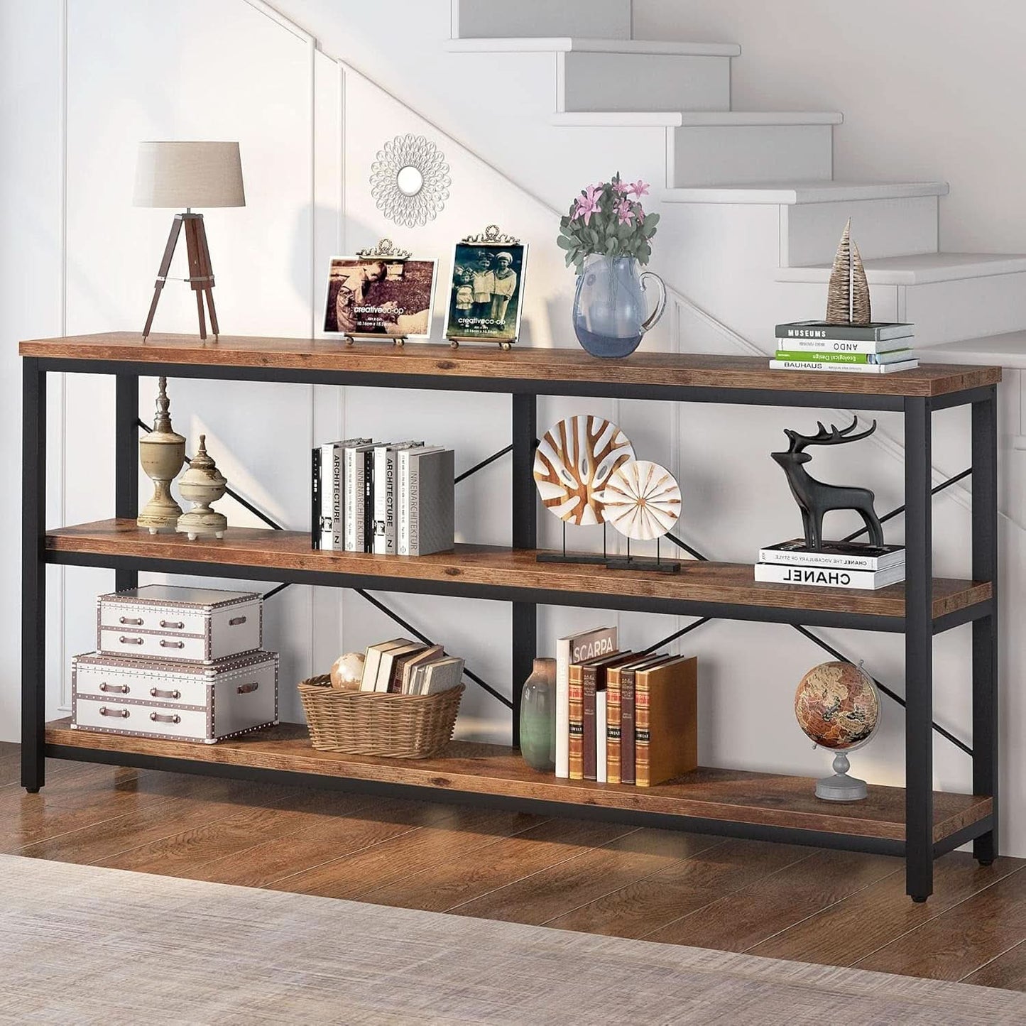 70 Inch Weathered Rustic Brown Sofa Console Table Three Tier