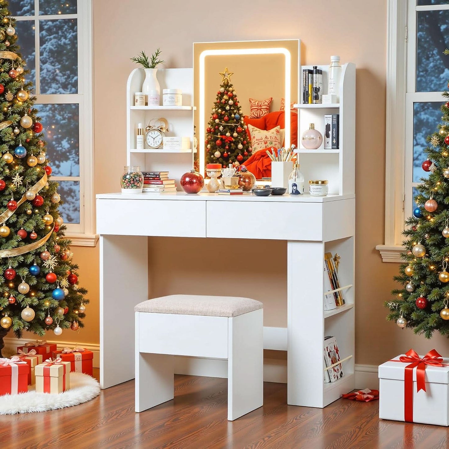 Executive White Vanity Desk Multicolored LED Mirror