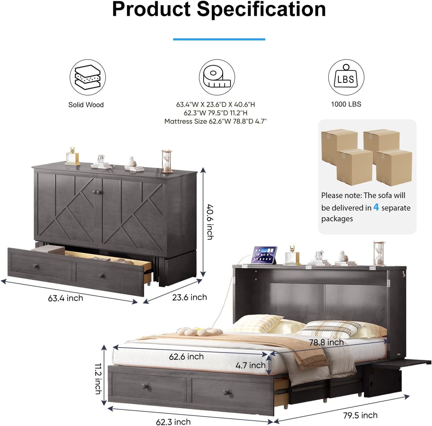 Gray Murphy Cabinet Bed Queen Multi Functional Mattress