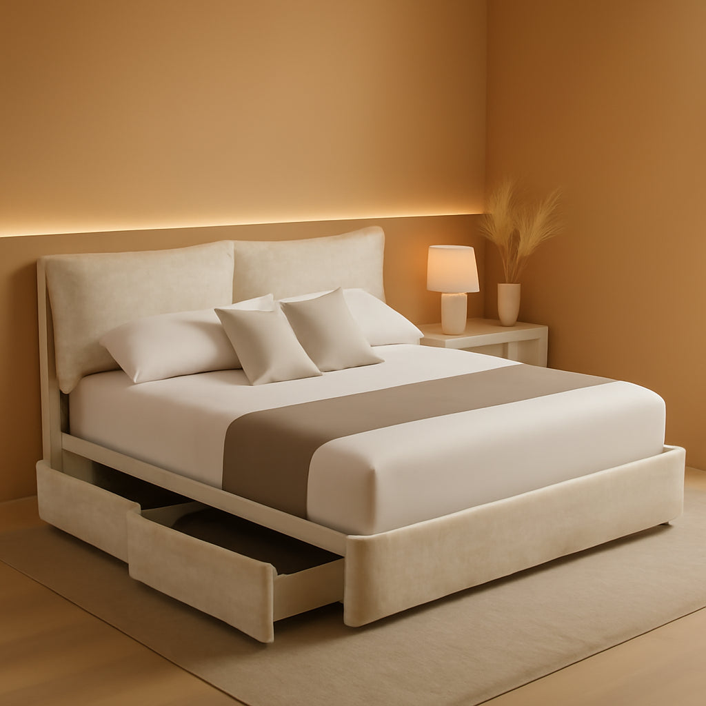 King Size Stone Beige Upholstered Platform Bed Drawers