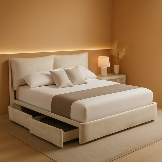 King Size Stone Beige Upholstered Platform Bed Drawers