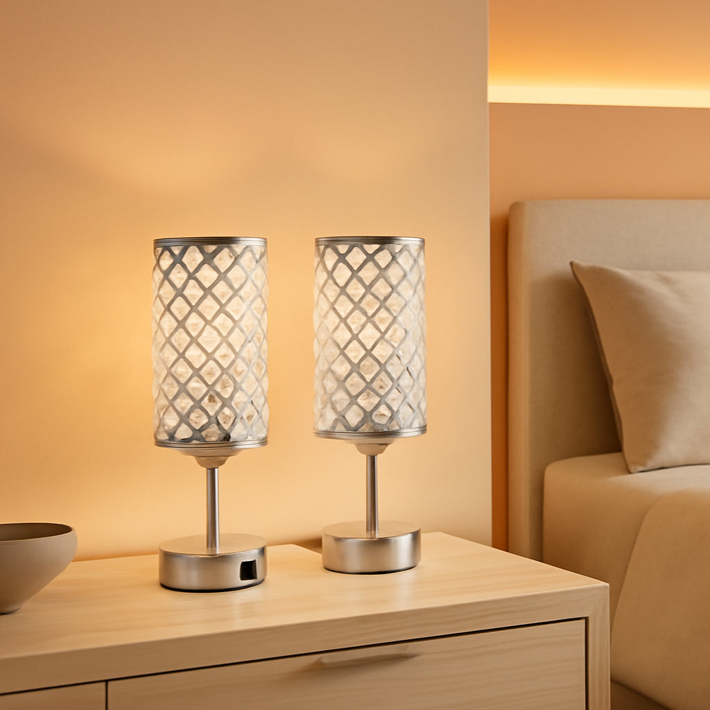 Crystal Diamond Nightstand Lamps Set Silvery Finish