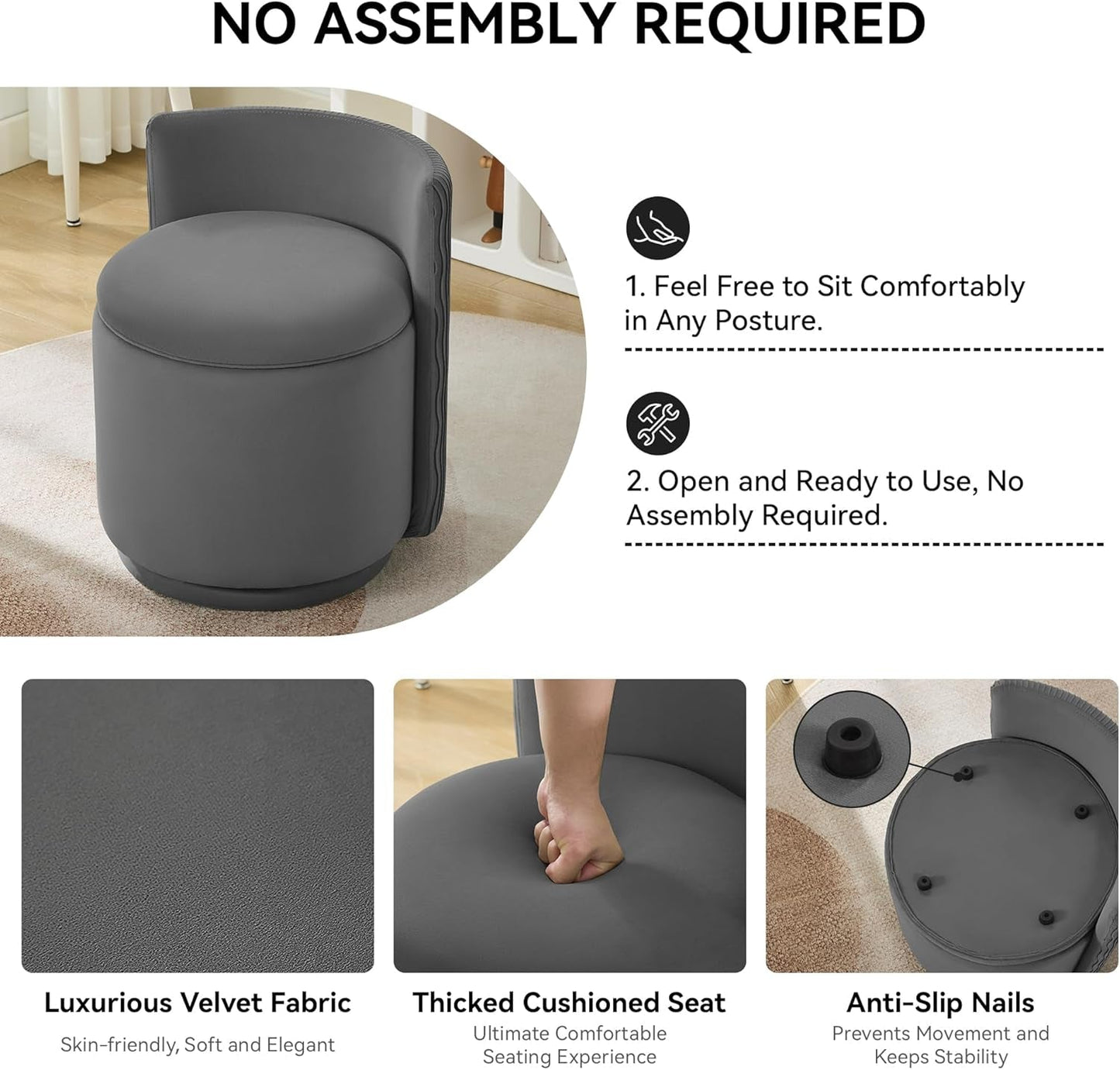 Charcoal Gray Velvet Vanity Chair Swivel Mechanism