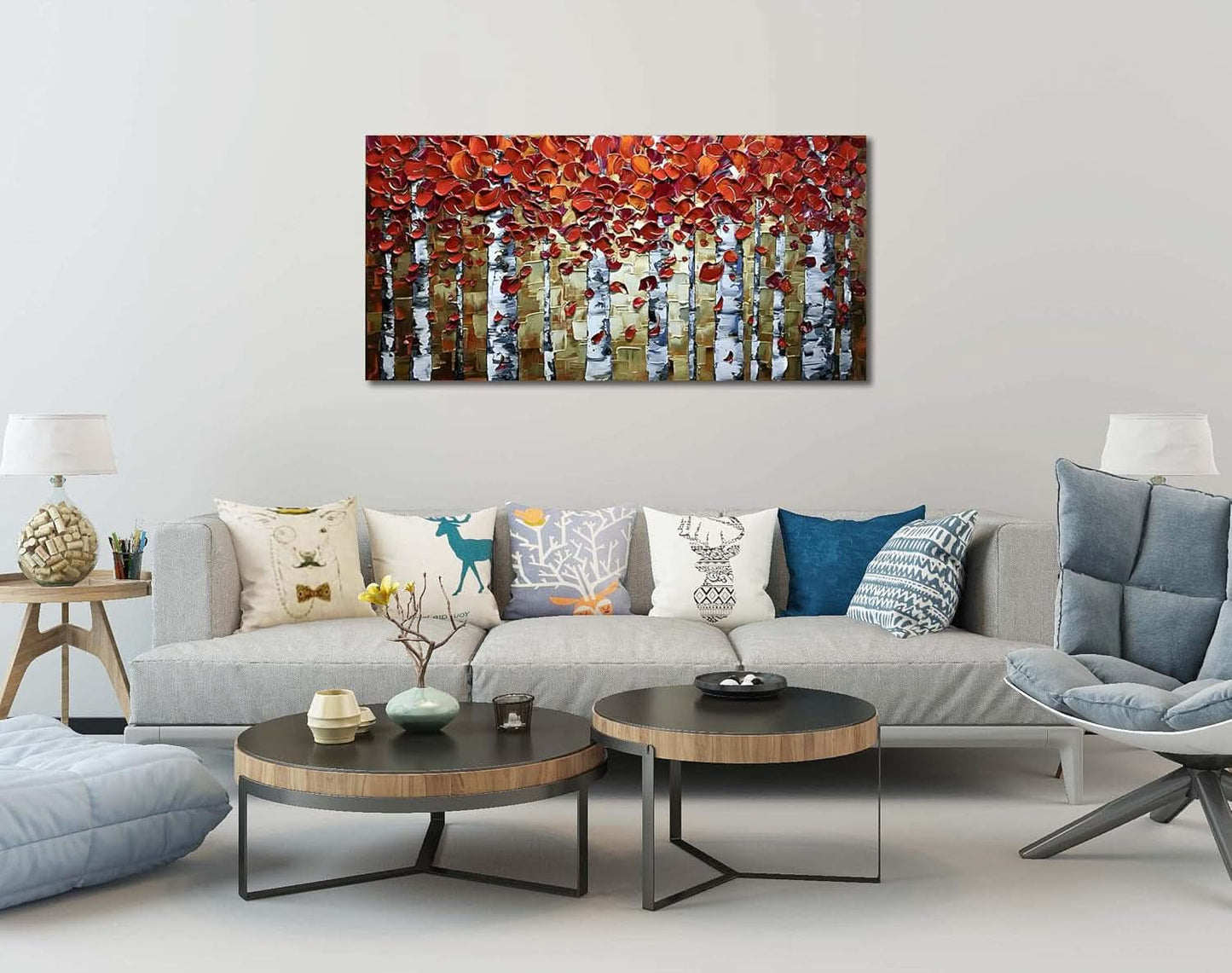 Red Birch Trees Wall Art 24x48 Inches Hand Painted Oil On Canvas