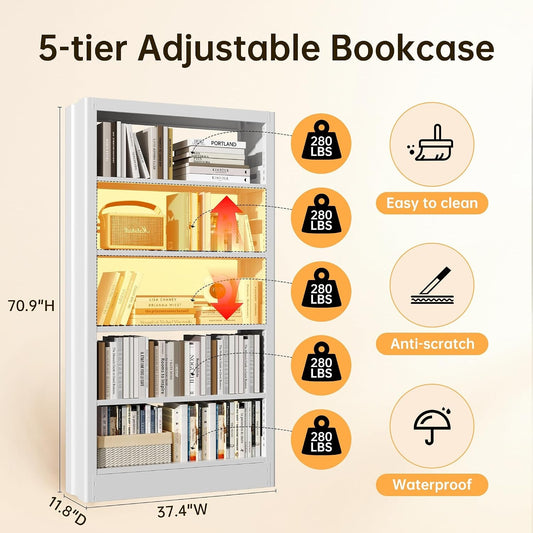 Floor Standing White Five Tier Adjustable Bookcase