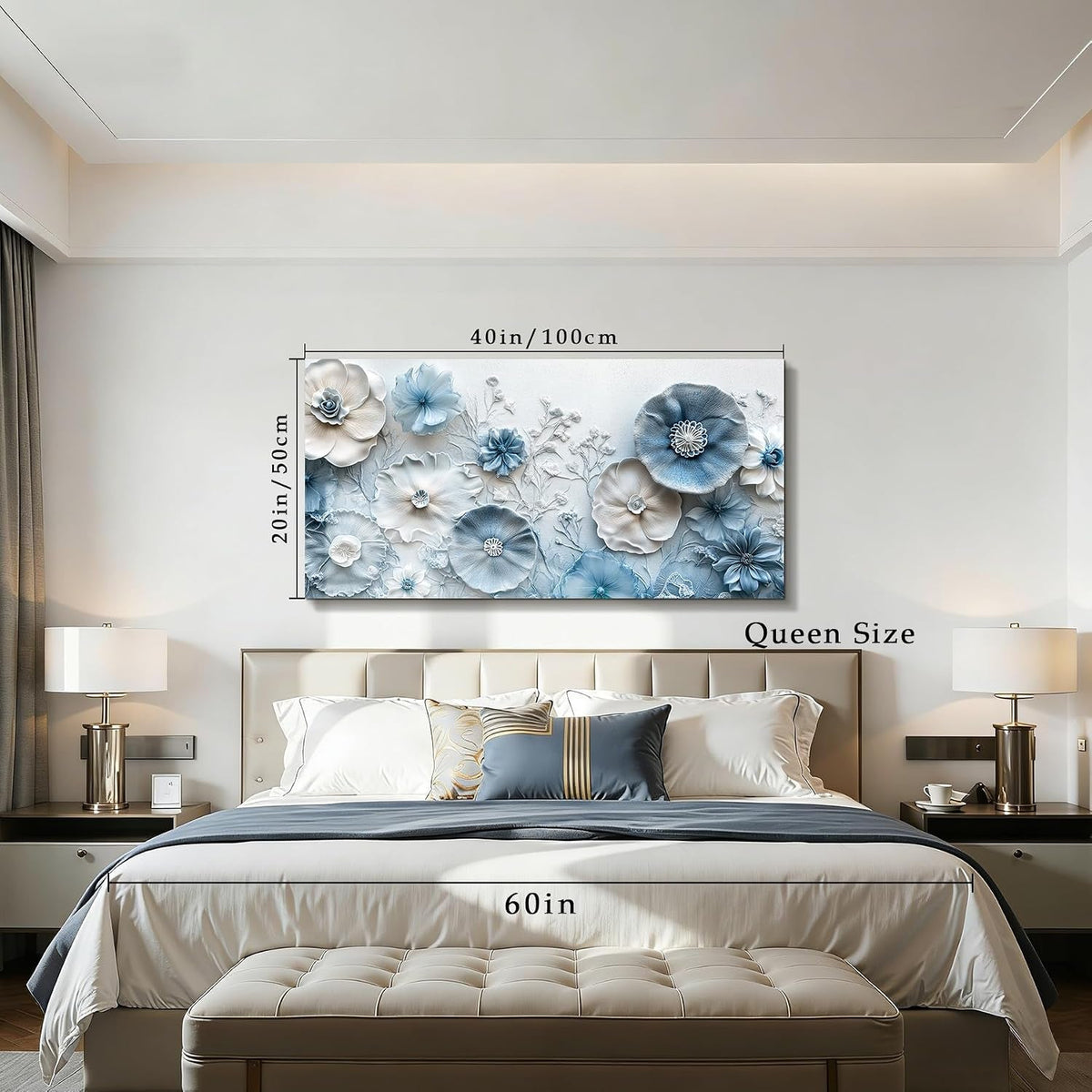 Cerulean Floral Contemporary Wall Art 20x40 Inches