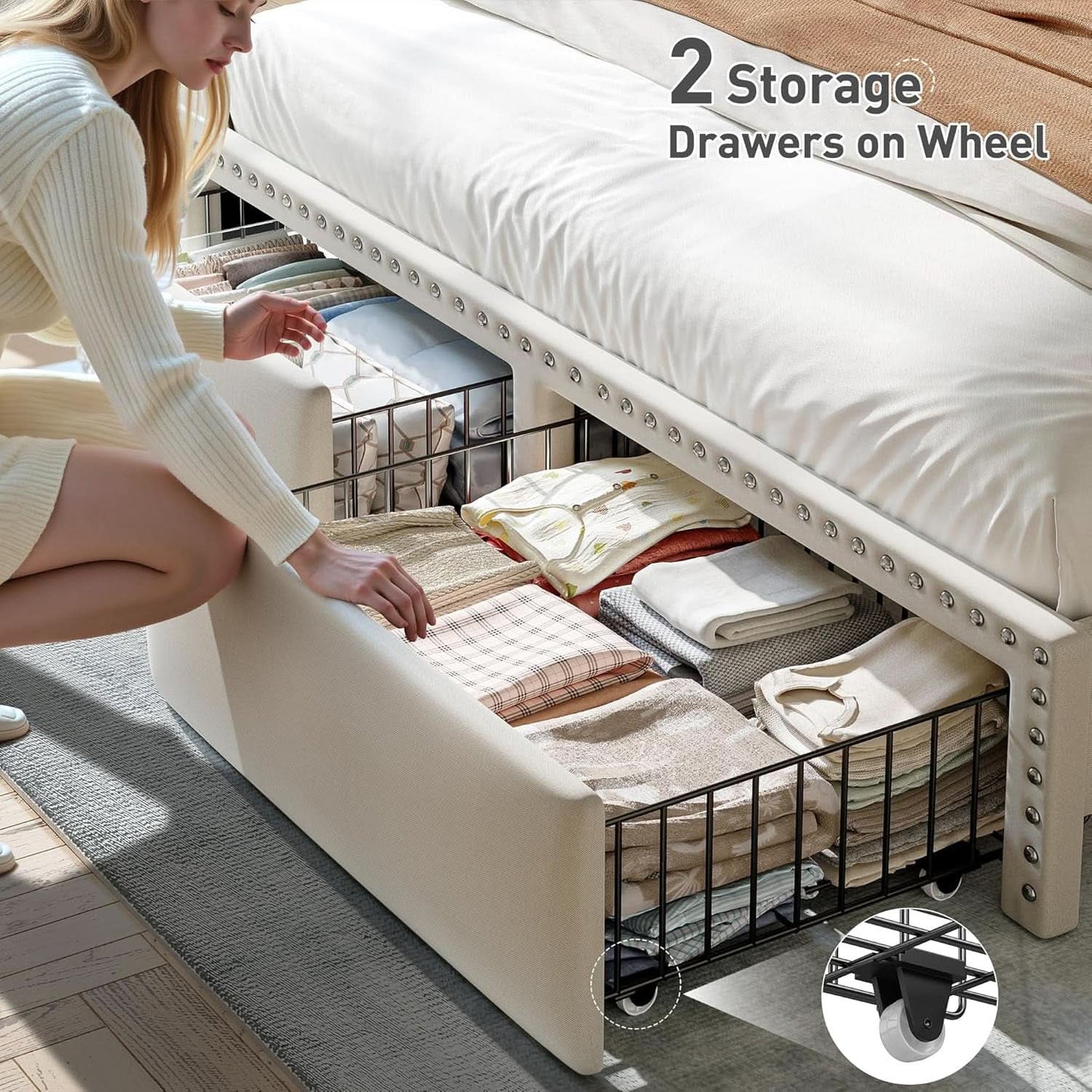 Beige Upholstered Headboard Storage Bed Frame Charging