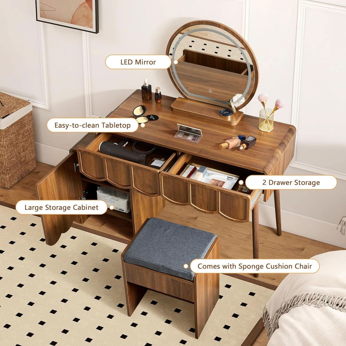 Walnut Vanity Desk Mirror With Integrated Lighting