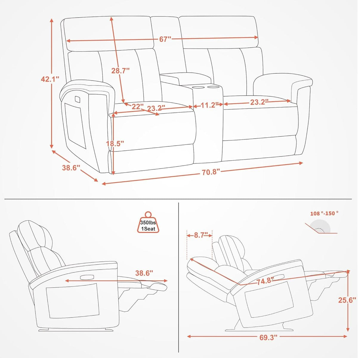 Mocha Power Recliner Loveseat With Massaging For Living Room Comfort
