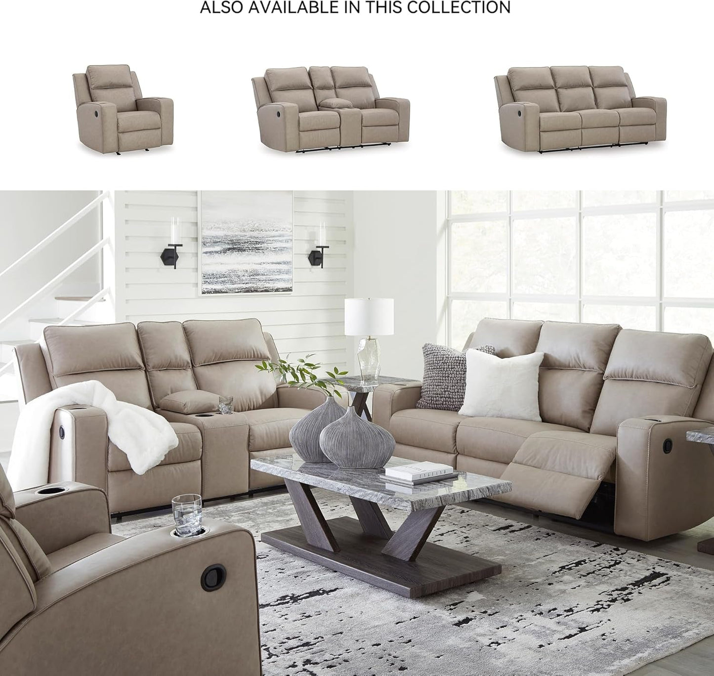 Manual Reclining Faux Leather Loveseat Beige Cupholders