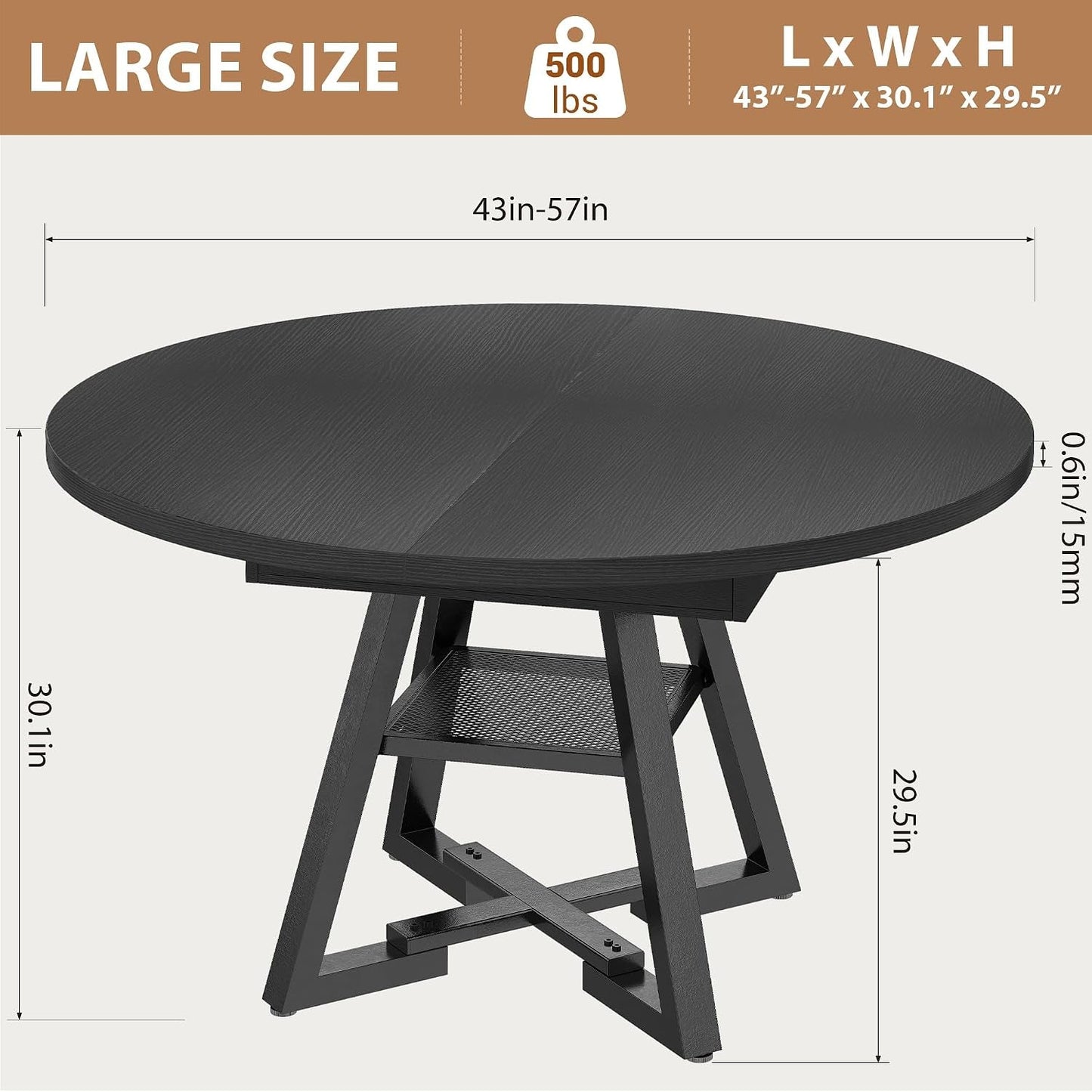 Black Industrial Expandable Oval Dining Table Shelves