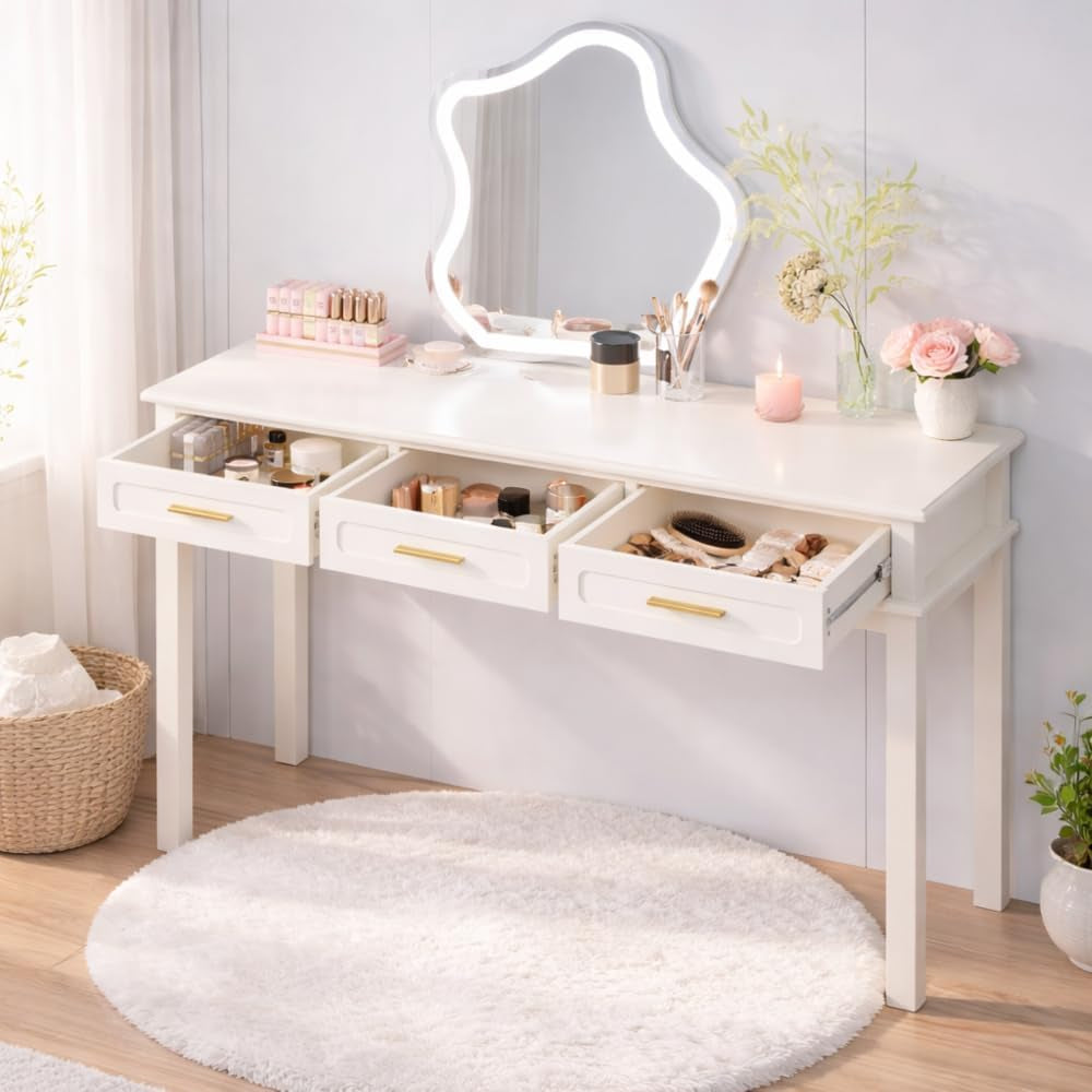 Cream White Vanity Desk Featuring Contemporary Drawers